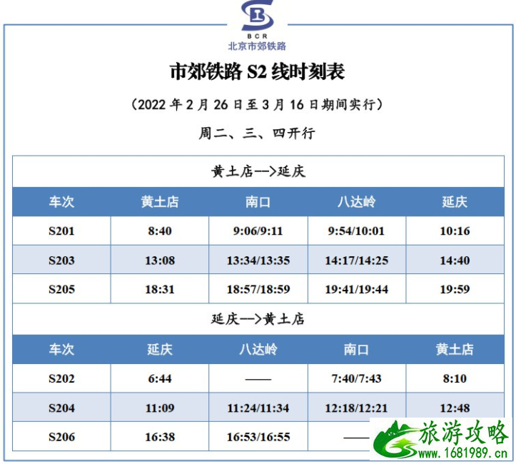 2022北京市郊铁路s2线发车时间表