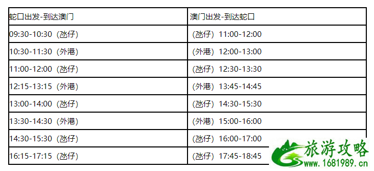 2021深圳蛇口码头到澳门码头时刻表及票价