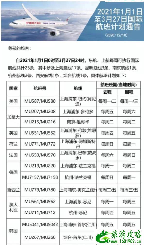 2021年1月国际航班计划 东航、南航、国航汇总