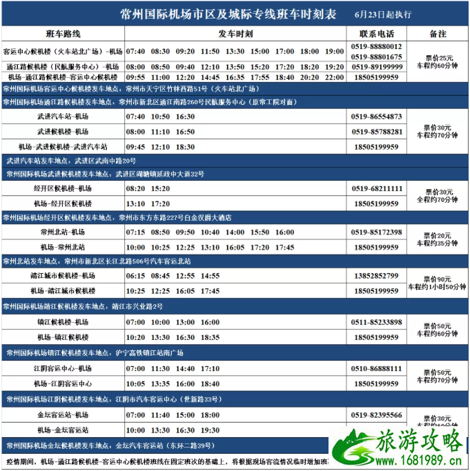 常州最新航班时刻表及机场大巴时间表