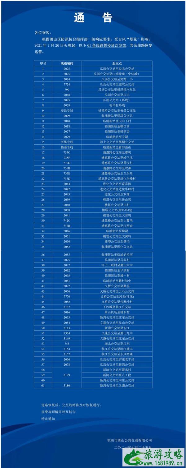 7月25日杭州因台风停运公交地铁及高铁-取消航班汇总