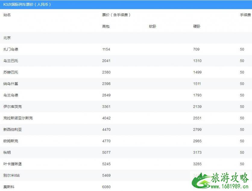 K3国际列车票价多少钱 K3国际列车时刻表