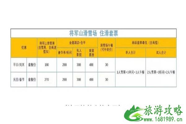 2022~2020将军山滑雪场价格表 酒店滑雪套票价格+租器具费用