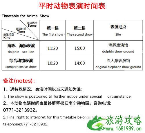 南宁动物园开放时间+表演时间