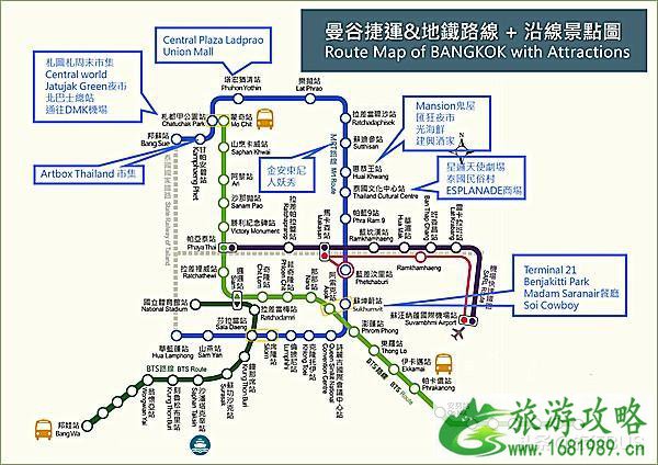 曼谷地铁MRT+空铁BTS沿线景点及曼谷中英对照版路线图