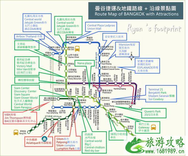 曼谷地铁MRT+空铁BTS沿线景点及曼谷中英对照版路线图