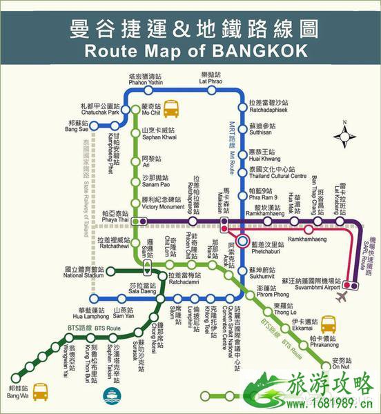 曼谷地铁MRT+空铁BTS沿线景点及曼谷中英对照版路线图