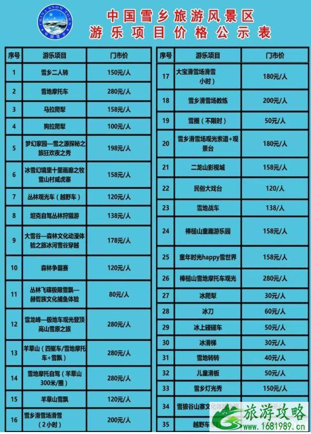雪乡娱乐项目价格表 雪乡住宿价格表