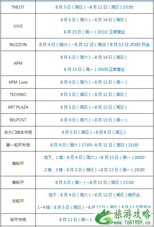 2022年韩国东大门各大商场夏季休假时间