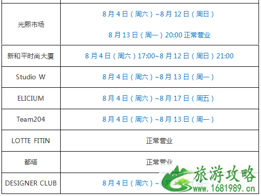 2022年韩国东大门各大商场夏季休假时间